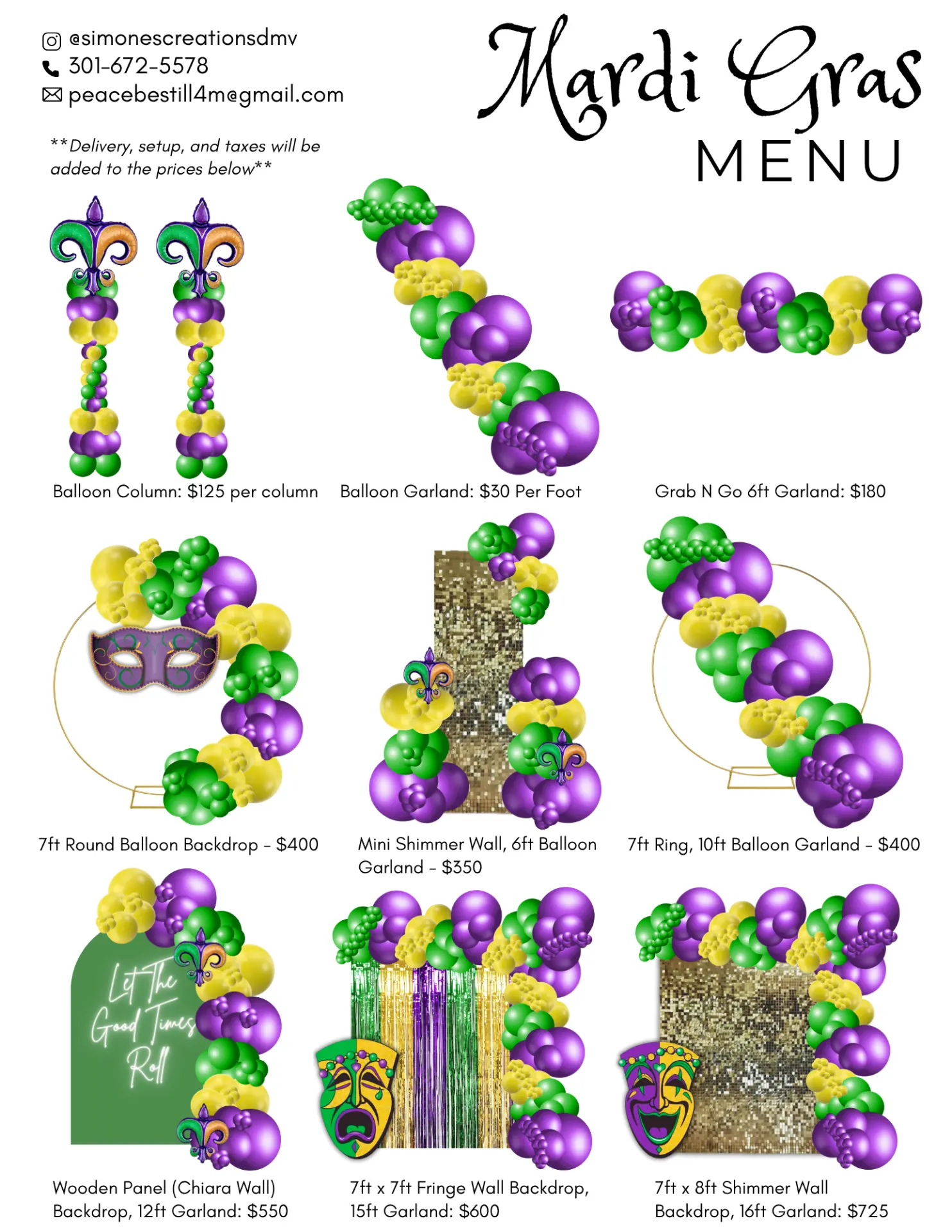 Mardi Gras Balloon Menu from Simone's Creations DMV