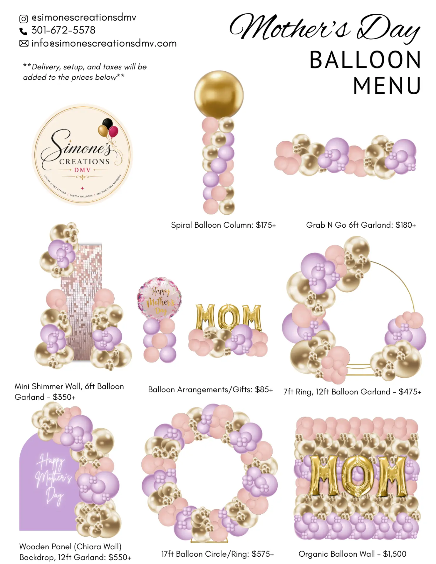 Mother's Day Balloon Menu from Simone's Creations DMV