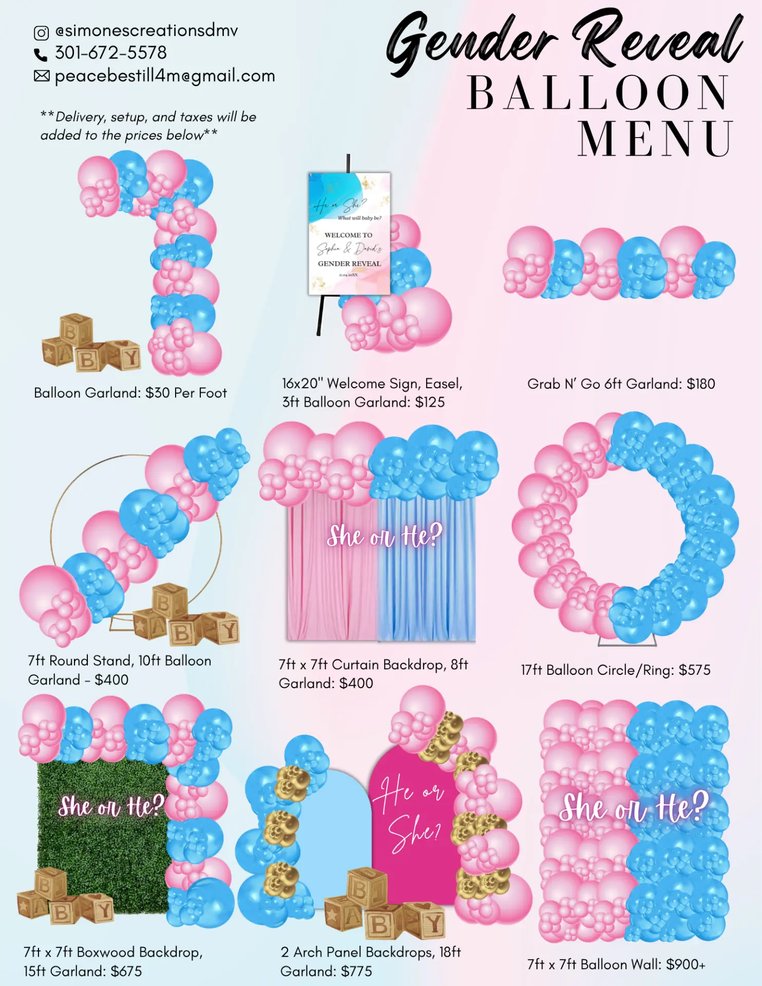 Gender Reveal Balloon Menu from Simone's Creations DMV