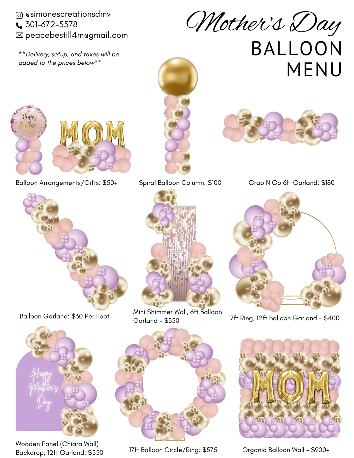 Mother's Day Balloon Menu from Simone's Creations DMV
