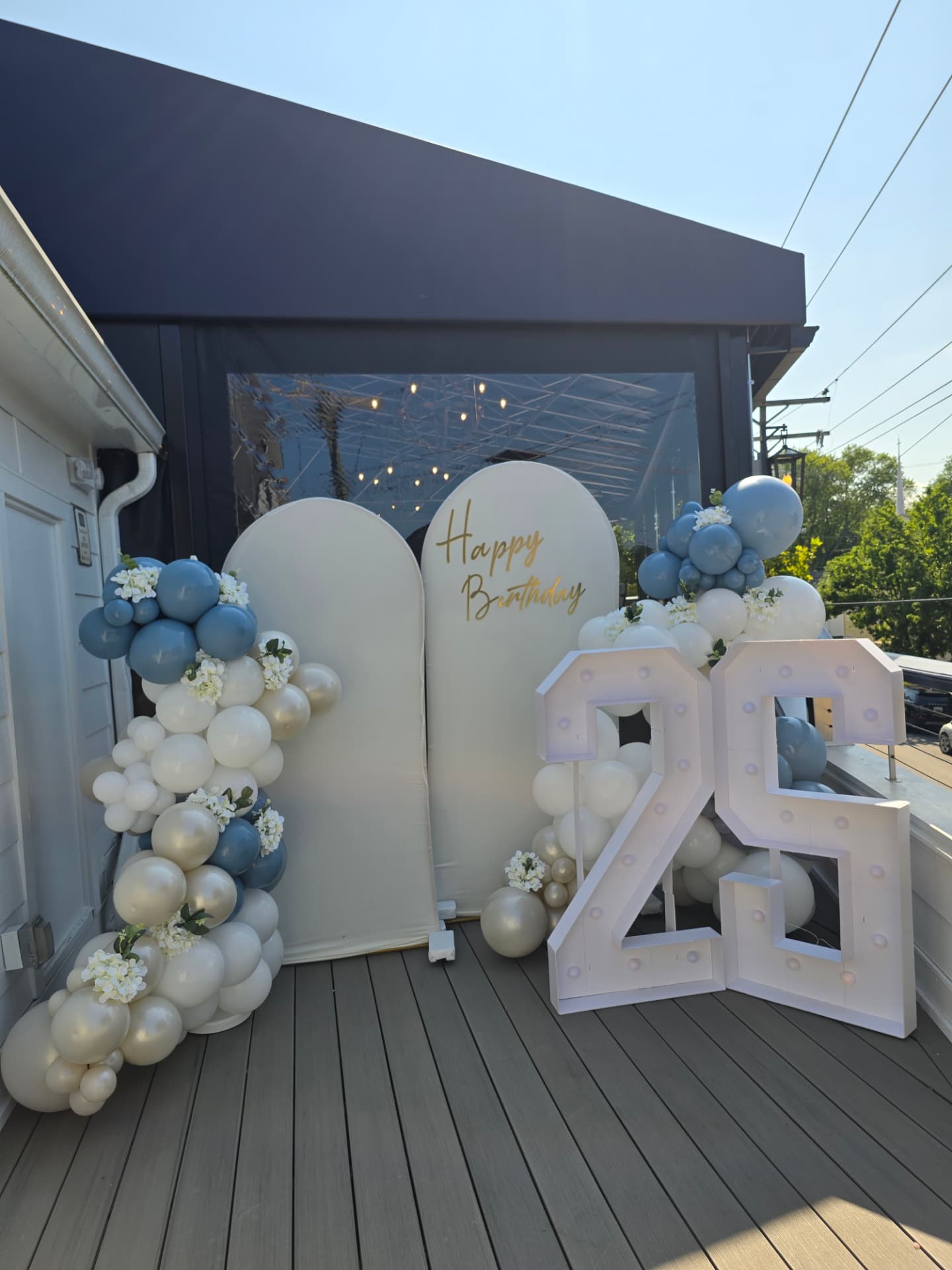 Blue, white and cream birthday balloon backdrop with marquee 26 by Simone's Creations DMV
