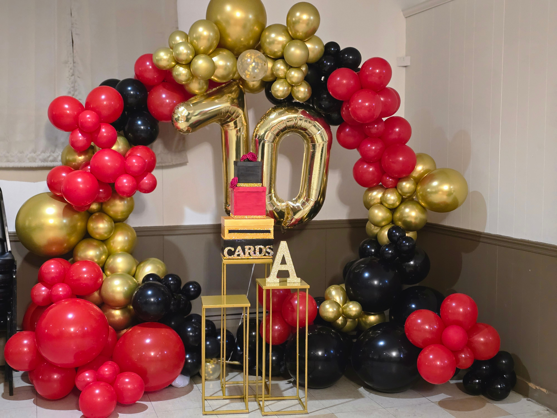 Rose gold, blush and gold balloon arch with shimmer backdrop by Simone's Creations DMV