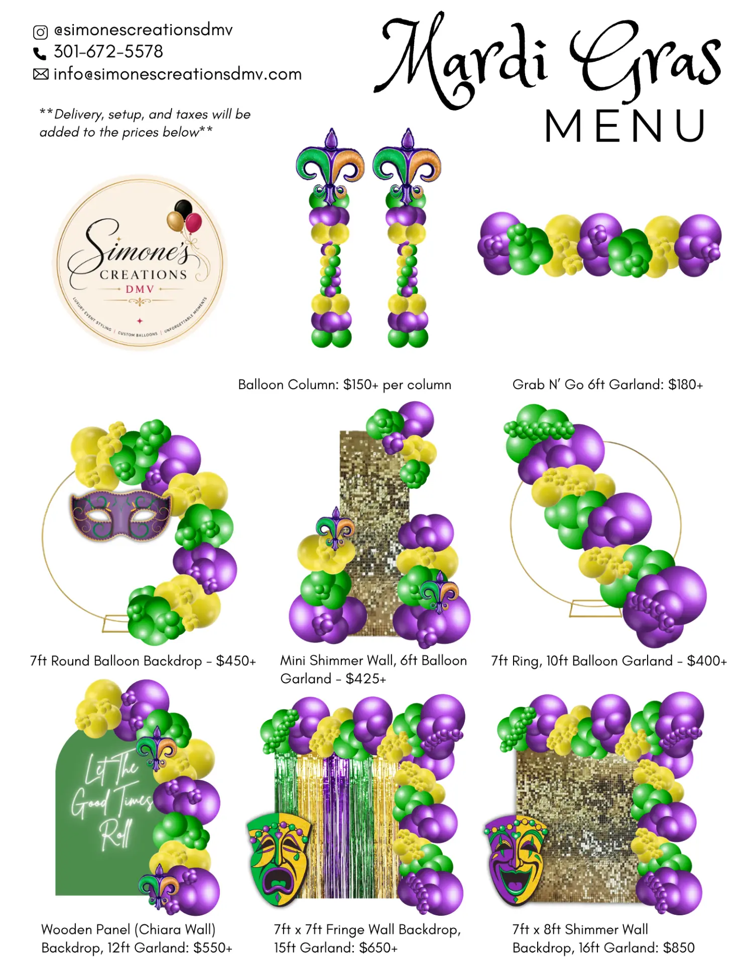 Mardi Gras Balloon Menu from Simone's Creations DMV