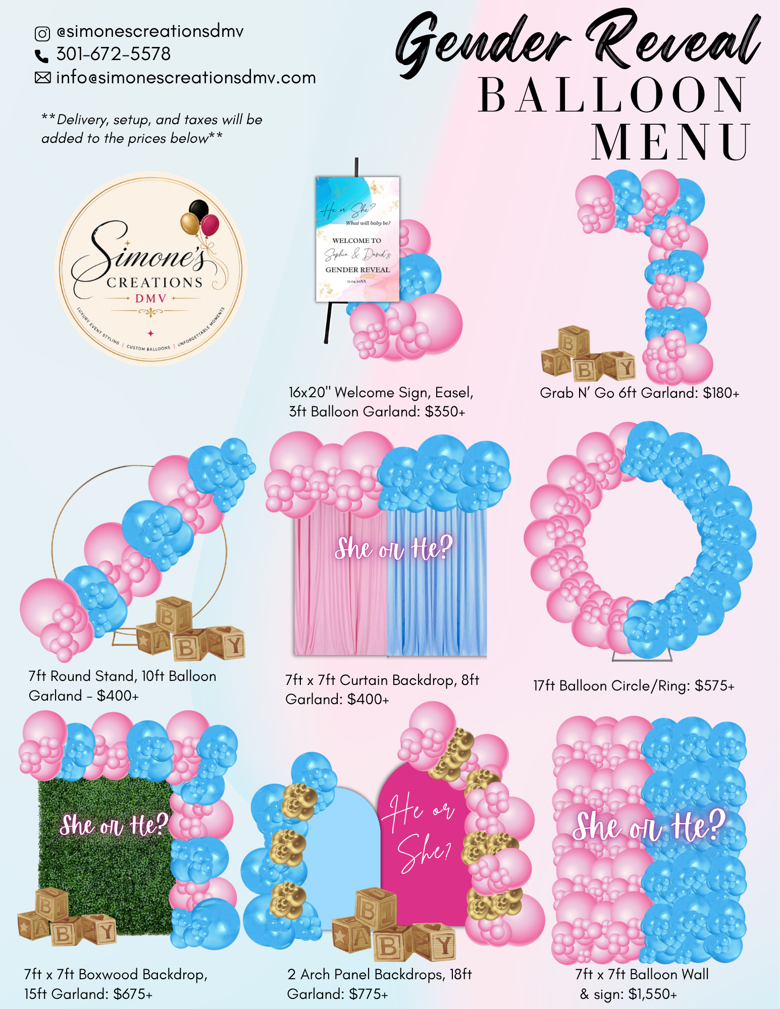 Gender Reveal Balloon Menu from Simone's Creations DMV